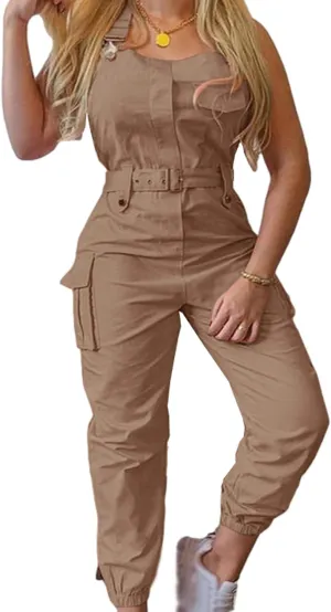Sexyshine Women's Sleeveless Adjustable Straps Bib Overalls Jumpsuits Belted Ankle Tied Loose Cargo Pant with Pockets