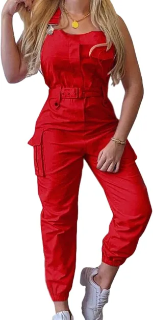 Sexyshine Women's Sleeveless Adjustable Straps Bib Overalls Jumpsuits Belted Ankle Tied Loose Cargo Pant with Pockets