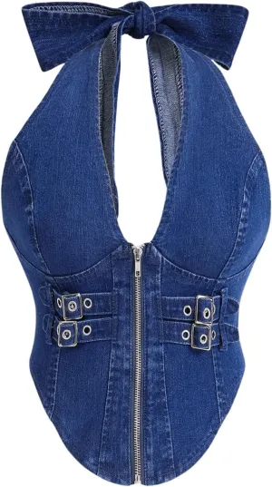 SHENHE Women's Y2k Denim Crop Top Deep V Zip Up Belted Halter Top Sexy Backless Asymmetrical Jean Corset