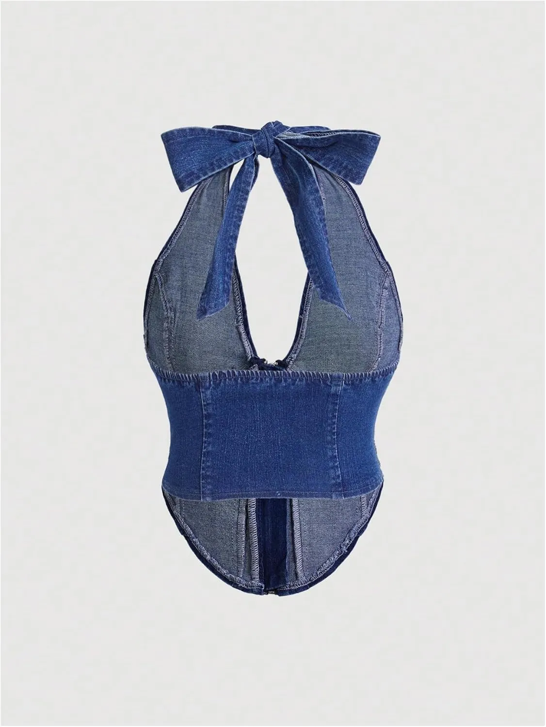SHENHE Women's Y2k Denim Crop Top Deep V Zip Up Belted Halter Top Sexy Backless Asymmetrical Jean Corset