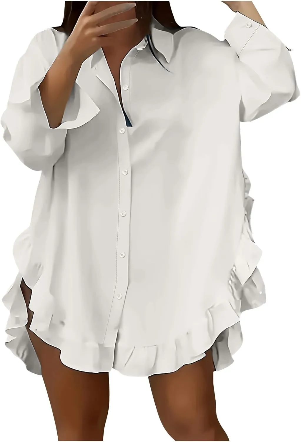 Shirt for Women Ruffle Hem Oversized Button Down Baggy Long Sleeve Lapel Tunic Tops Dressy Business Casual Blouses