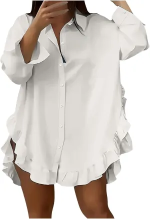Shirt for Women Ruffle Hem Oversized Button Down Baggy Long Sleeve Lapel Tunic Tops Dressy Business Casual Blouses