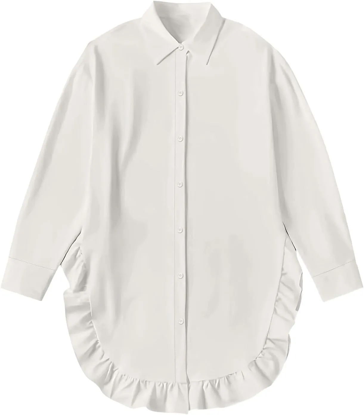 Shirt for Women Ruffle Hem Oversized Button Down Baggy Long Sleeve Lapel Tunic Tops Dressy Business Casual Blouses