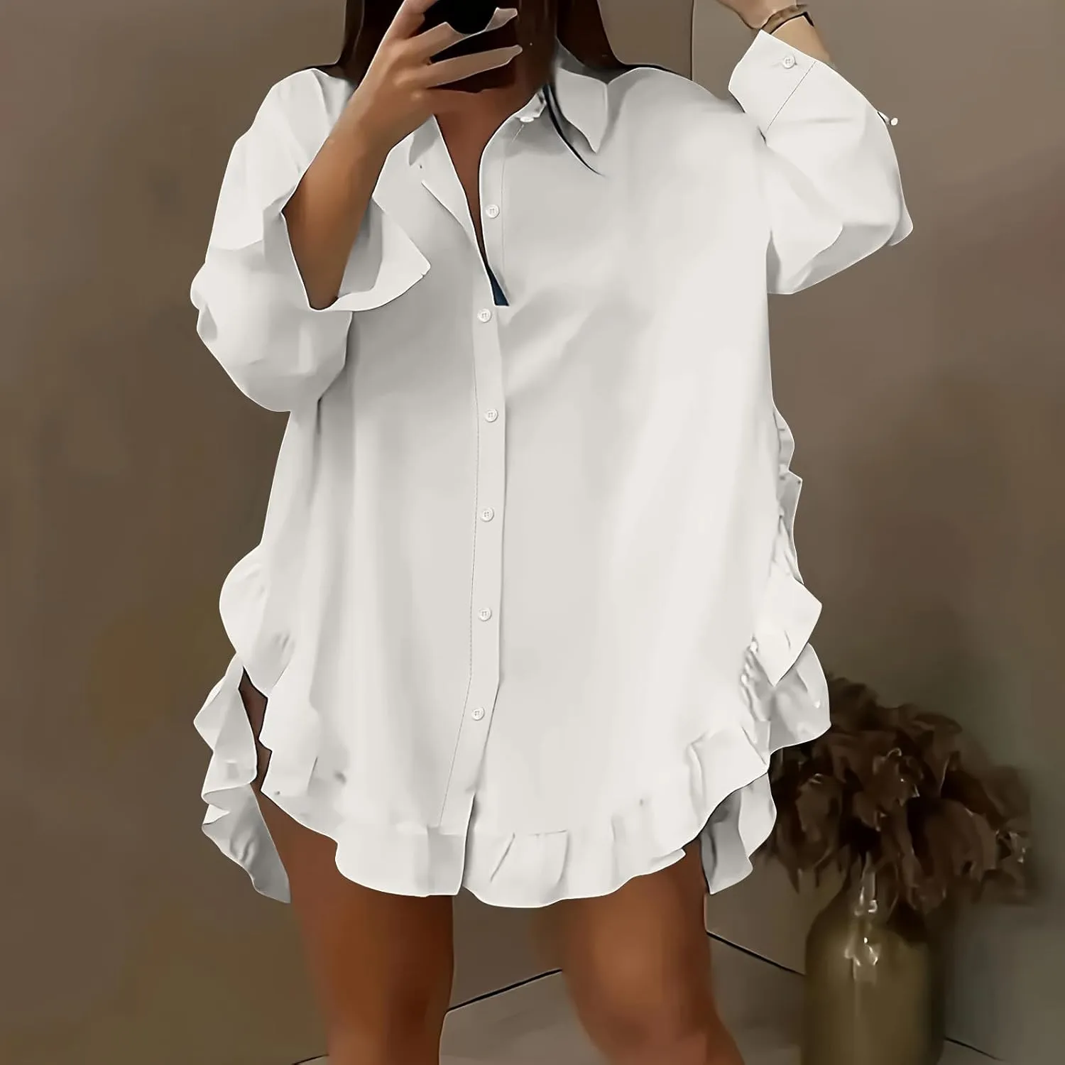 Shirt for Women Ruffle Hem Oversized Button Down Baggy Long Sleeve Lapel Tunic Tops Dressy Business Casual Blouses