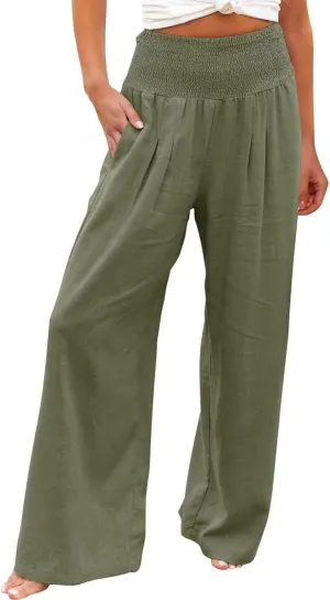 SHOPESSA Summer Pants for Women 2024 Smocked Smocked High Waisted Wide Leg Pants Lounge Palazzo Pants with Pockets