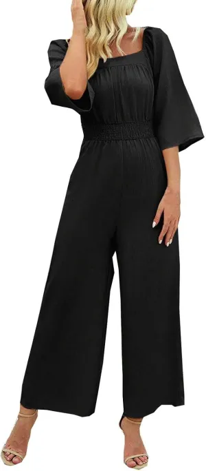 Sinzelimin Jumpsuit for Womens 2024 Fashion 3/4 Sleeves Solid Square Neck Romper Elastic Waist Wide Leg Capri Pants Playsuit