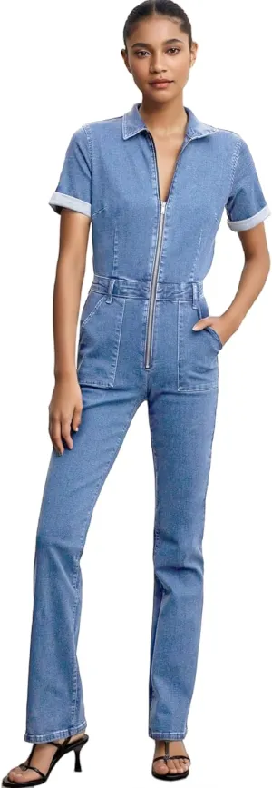 Slim Zip Up Denim Jumpsuit for Women Sexy Short Sleeve Flare Jeans Long Pants One Piece Rompers with Pockets