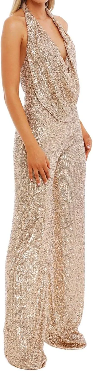 Sparkly Sequin Jumpsuit Halter Cowl Neck Backless Sequin Overalls Pants