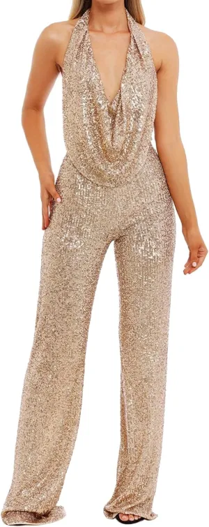 Sparkly Sequin Jumpsuit Halter Cowl Neck Backless Sequin Overalls Pants