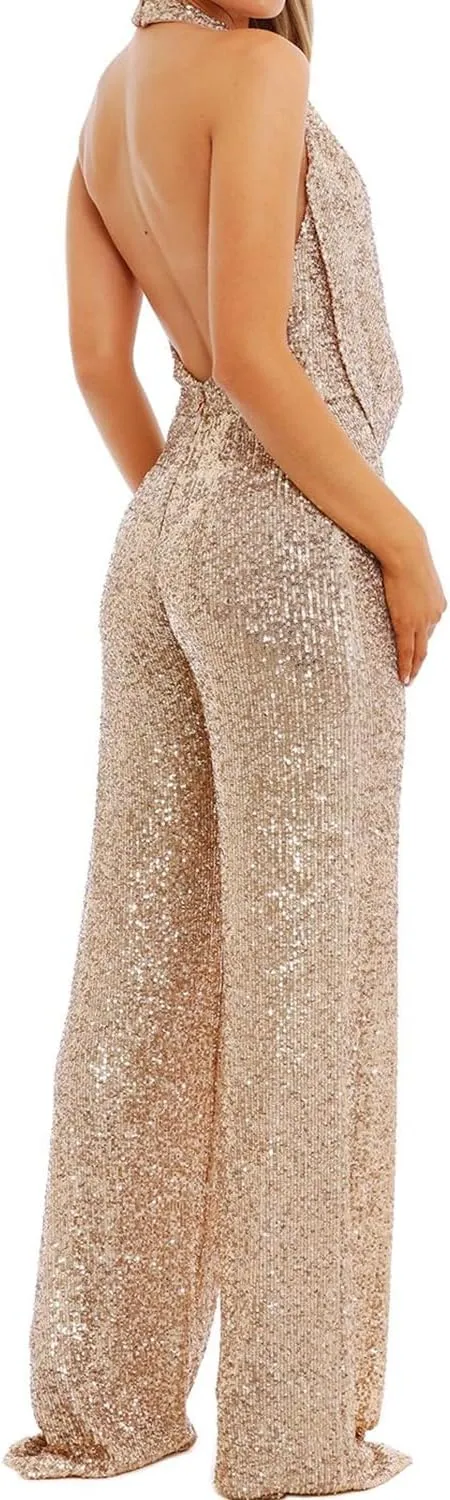 Sparkly Sequin Jumpsuit Halter Cowl Neck Backless Sequin Overalls Pants