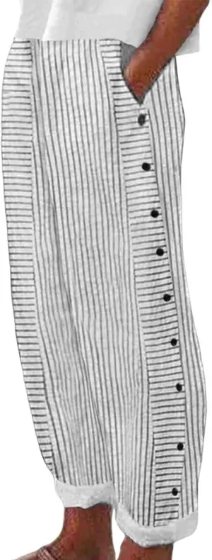 Striped Linen Pants for Women Wide Straight Leg Side Button Pants Womens 2025 Baggy Elastic Waist Pants