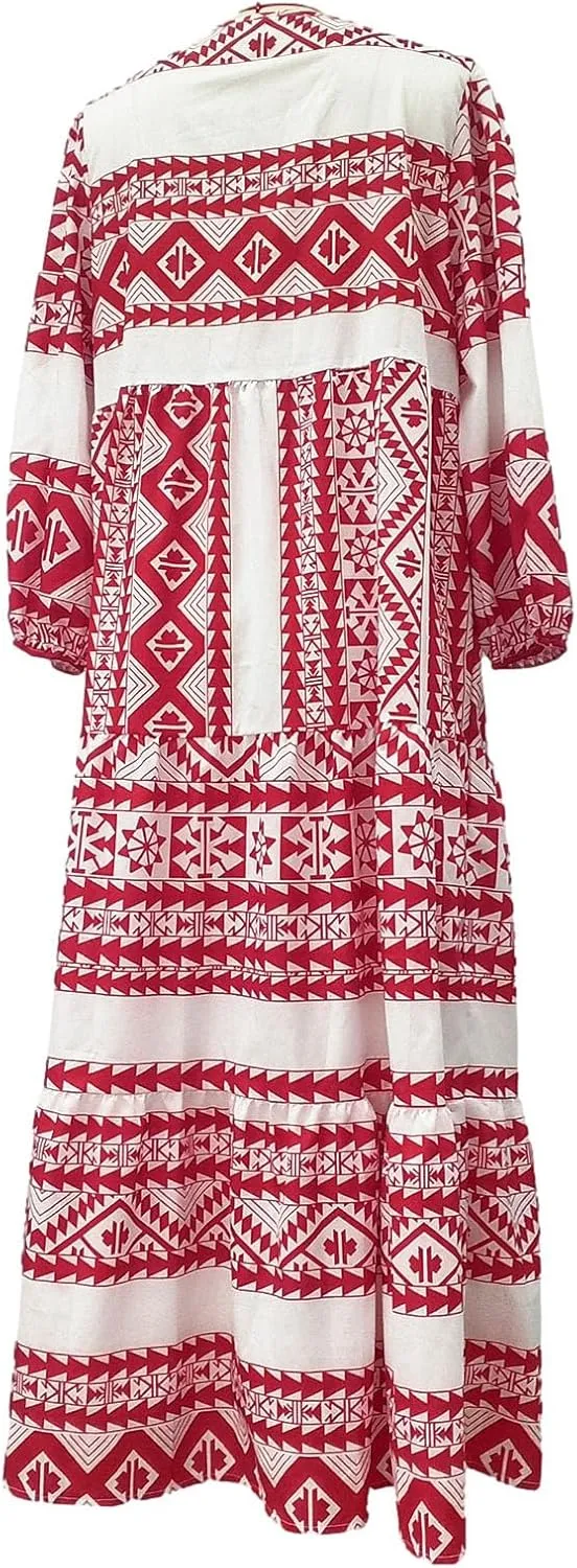 Summer Dresses for Women 2024 Vacation Printted Plus Size Puff Sleeve Dresses Loose fit v Neck Ankle Length Dresses