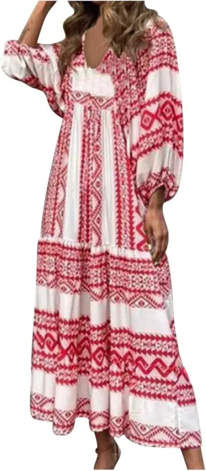 Summer Dresses for Women 2024 Vacation Printted Plus Size Puff Sleeve Dresses Loose fit v Neck Ankle Length Dresses
