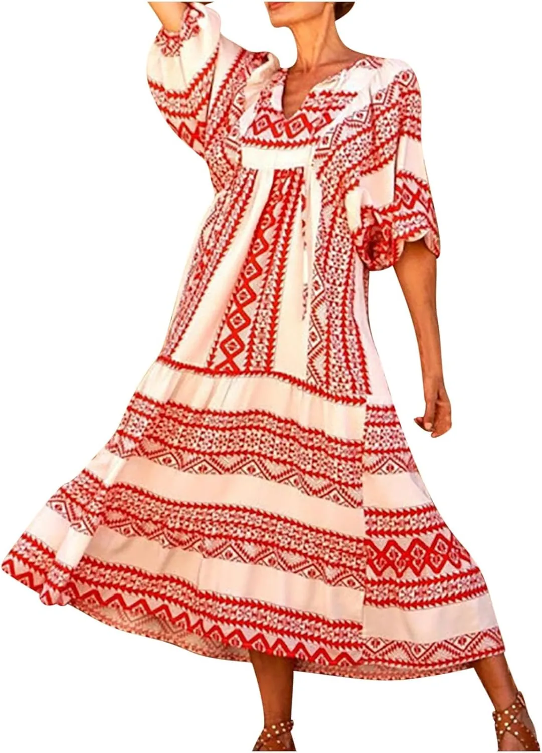 Summer Dresses for Women 2024 Vacation Printted Plus Size Puff Sleeve Dresses Loose fit v Neck Ankle Length Dresses