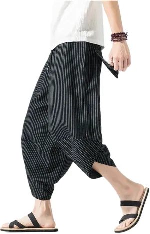 Summer Length Casual Men's Pants Wide Leg Cotton Linen Harem Baggy Clothing