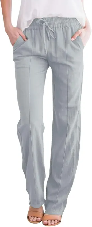 Summer Linen Pants for Women 2025 Casual Drawstring High Waisted Linen Pants Beach Wide Leg Trousers with Pockets