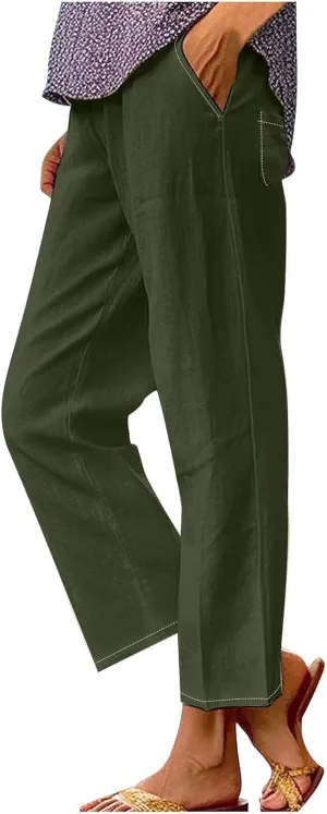 Summer Linen Pants for Women, Elastic High Waist Wide Leg Slacks Cotton Linen Straight Palazzo Trousers with Pockets