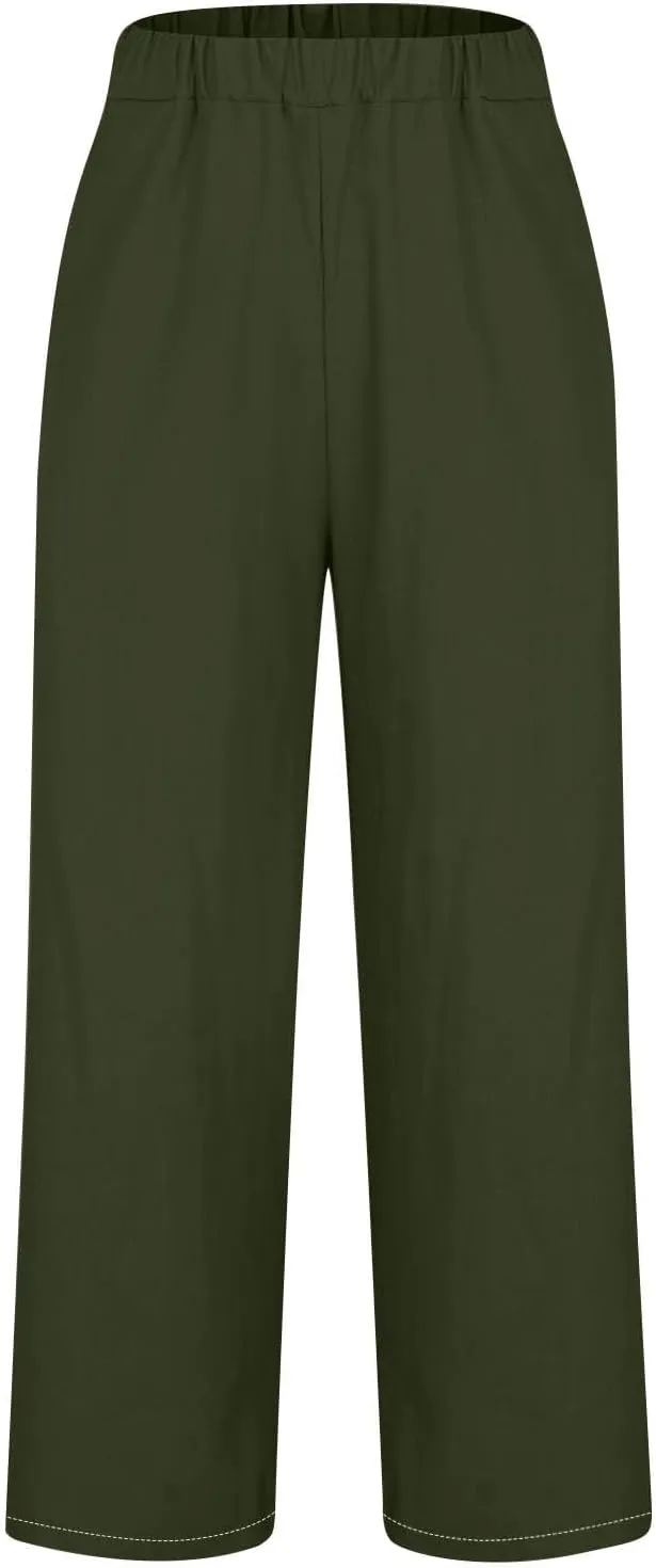Summer Linen Pants for Women, Elastic High Waist Wide Leg Slacks Cotton Linen Straight Palazzo Trousers with Pockets