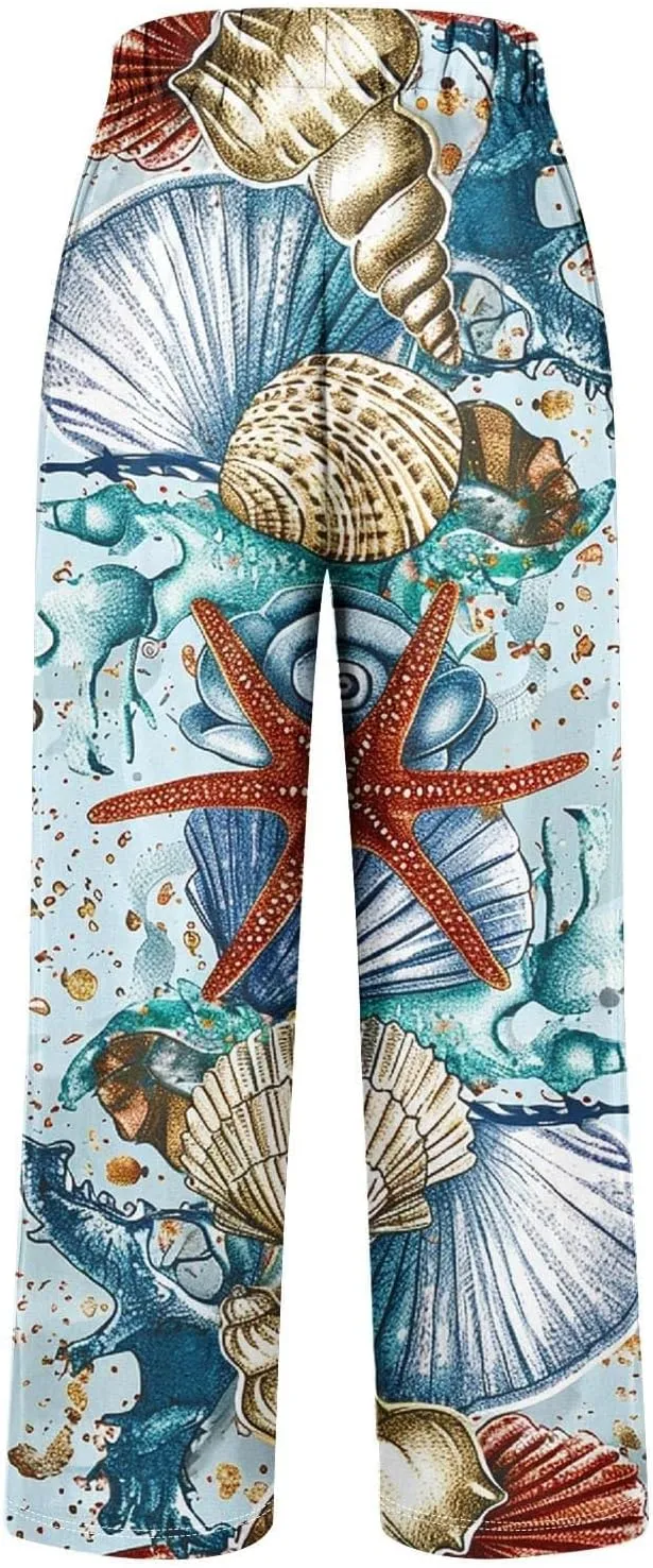 Summer Linen Pants for Women Wide Leg Boho Floral Printed Loose Palazzo Pants Elastic Waisted Drawstring with Pockets
