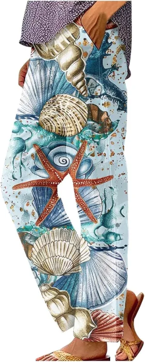 Summer Linen Pants for Women Wide Leg Boho Floral Printed Loose Palazzo Pants Elastic Waisted Drawstring with Pockets