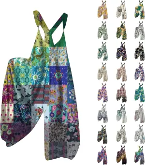 Summer Overalls for Women 2025 Casual Wide Leg Baggy Jumpsuits Spaghetti Strap Boho Floral Printed Loose Fit Rompers