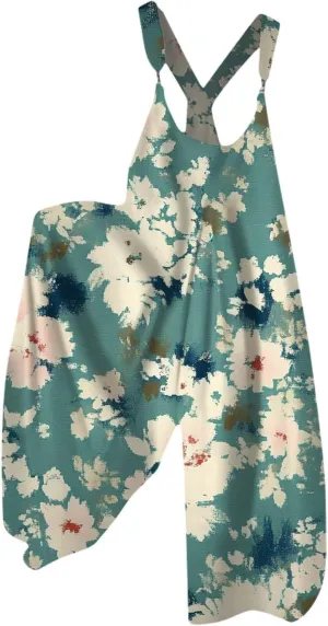 Summer Overalls for Women 2025 Casual Wide Leg Baggy Jumpsuits Spaghetti Strap Boho Floral Printed Loose Fit Rompers