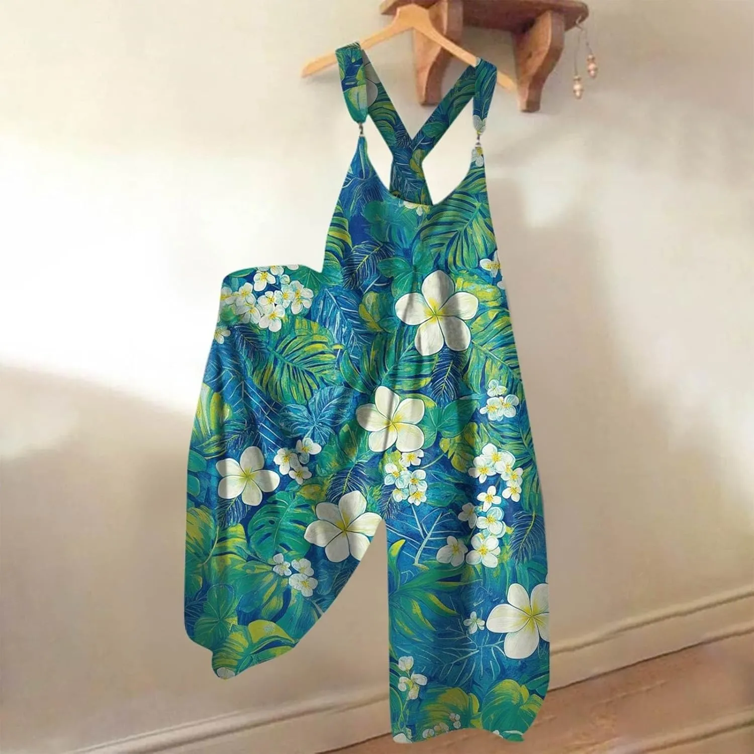 Summer Overalls for Women 2025 Casual Wide Leg Baggy Jumpsuits Spaghetti Strap Boho Floral Printed Loose Fit Rompers