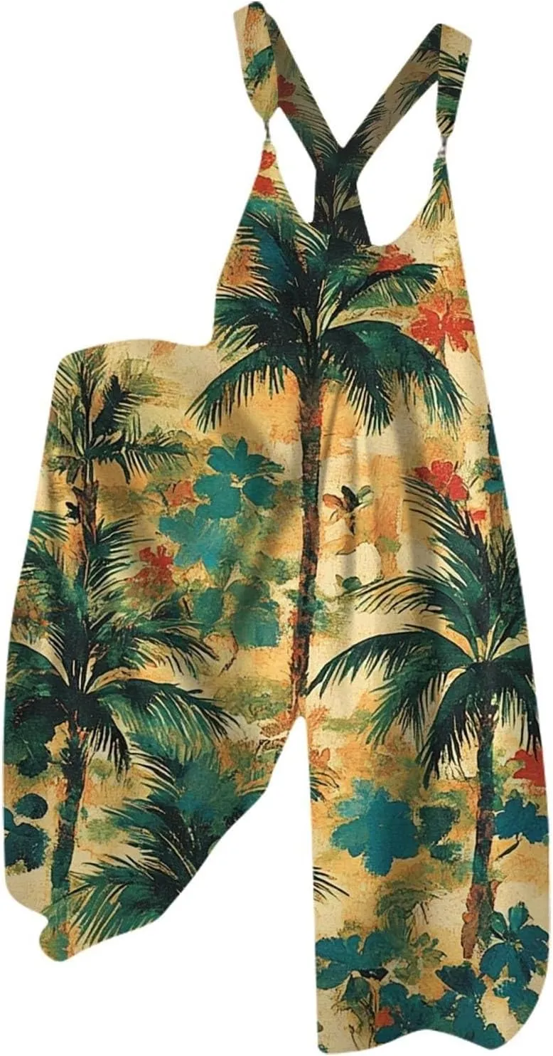 Summer Overalls for Women 2025 Casual Wide Leg Baggy Jumpsuits Spaghetti Strap Boho Floral Printed Loose Fit Rompers