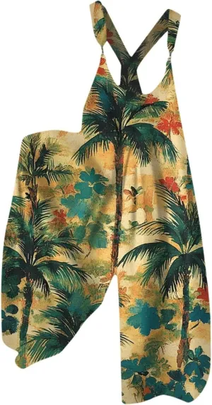 Summer Overalls for Women 2025 Casual Wide Leg Baggy Jumpsuits Spaghetti Strap Boho Floral Printed Loose Fit Rompers