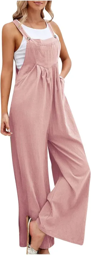 Summer Overalls for Women Loose Fit Casual Y2k Long Jumpsuits with Pockets One Piece Sleeveless Wide Leg Pant Rompers
