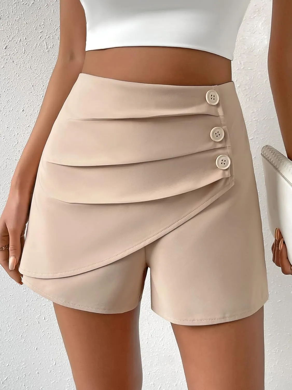 SweatyRocks Women's Casual High Waist Button Front Wrap Shorts Solid Ruched Skort Skirt