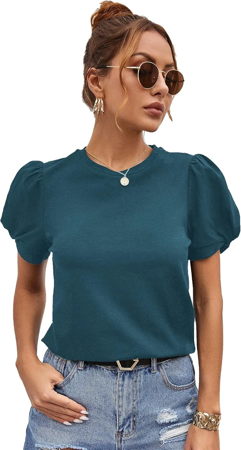 SweatyRocks Women's Summer Short Puff Sleeve Tee Top Round Neck T-Shirt