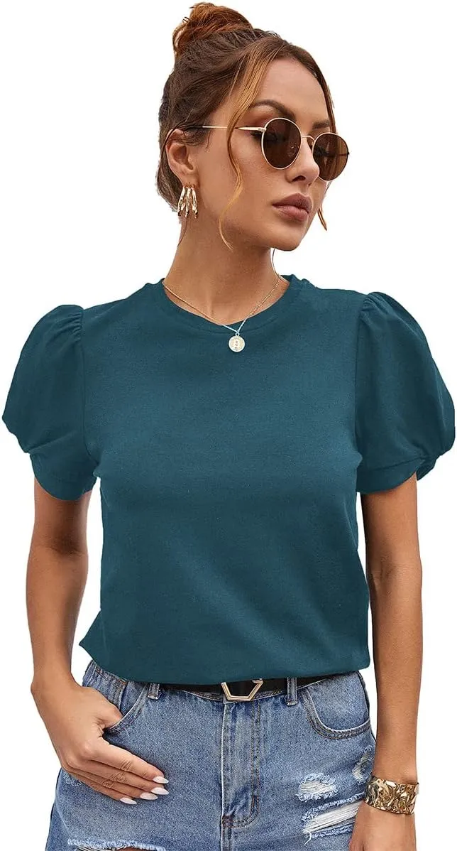SweatyRocks Women's Summer Short Puff Sleeve Tee Top Round Neck T-Shirt