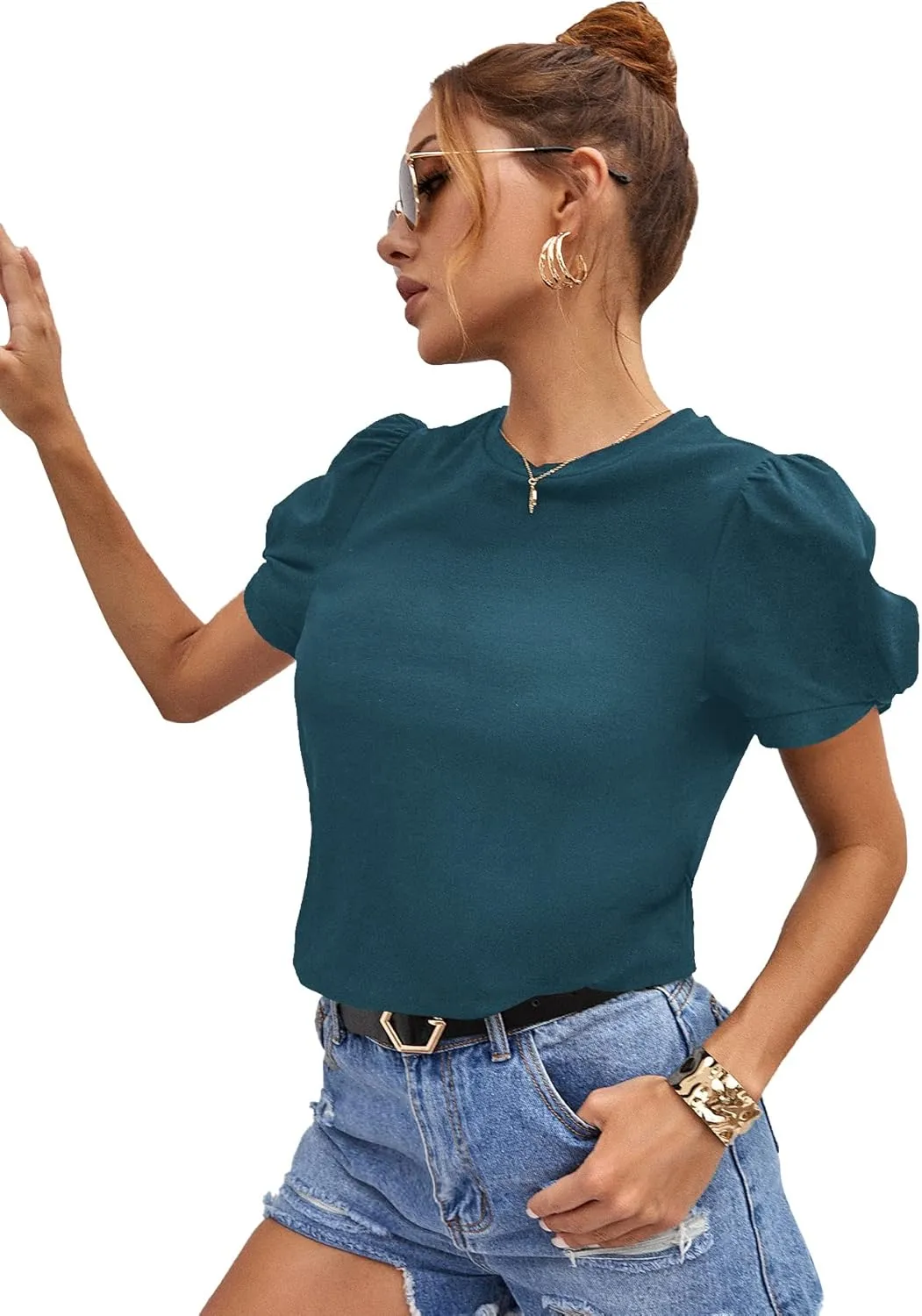 SweatyRocks Women's Summer Short Puff Sleeve Tee Top Round Neck T-Shirt