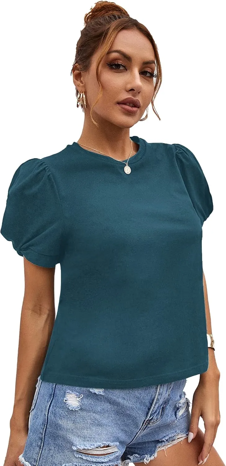 SweatyRocks Women's Summer Short Puff Sleeve Tee Top Round Neck T-Shirt