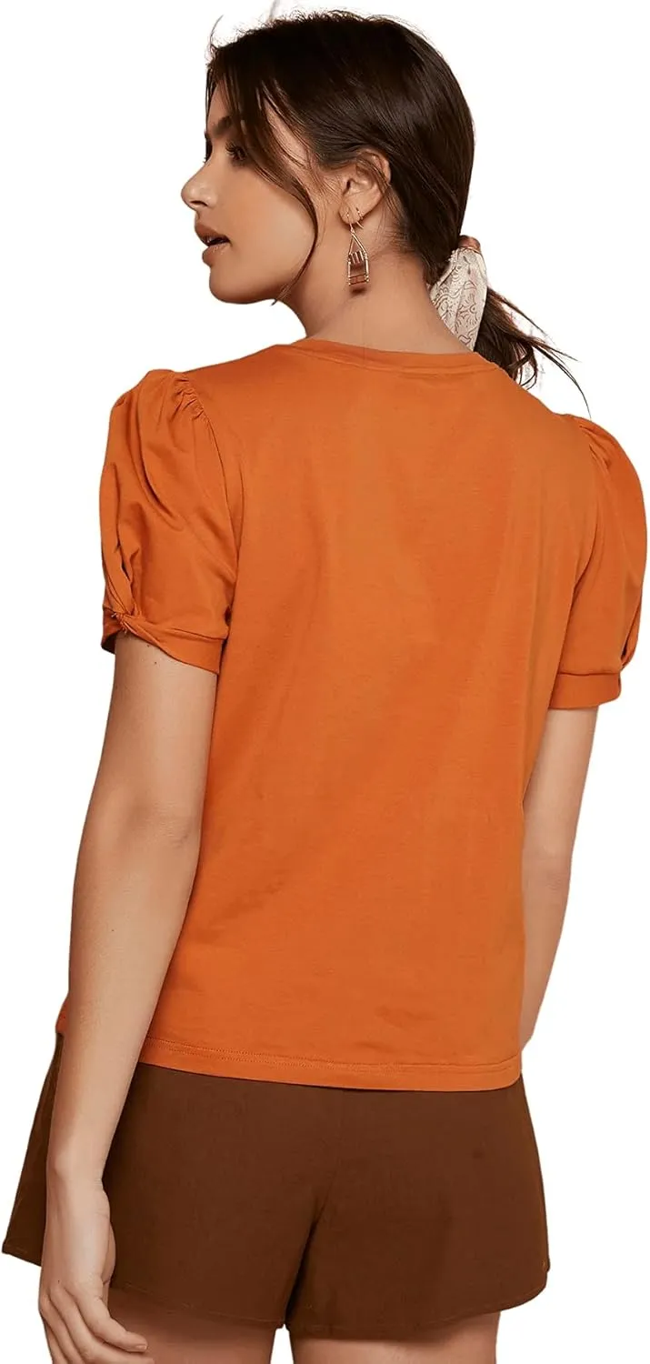 SweatyRocks Women's Summer Short Puff Sleeve Tee Top Round Neck T-Shirt
