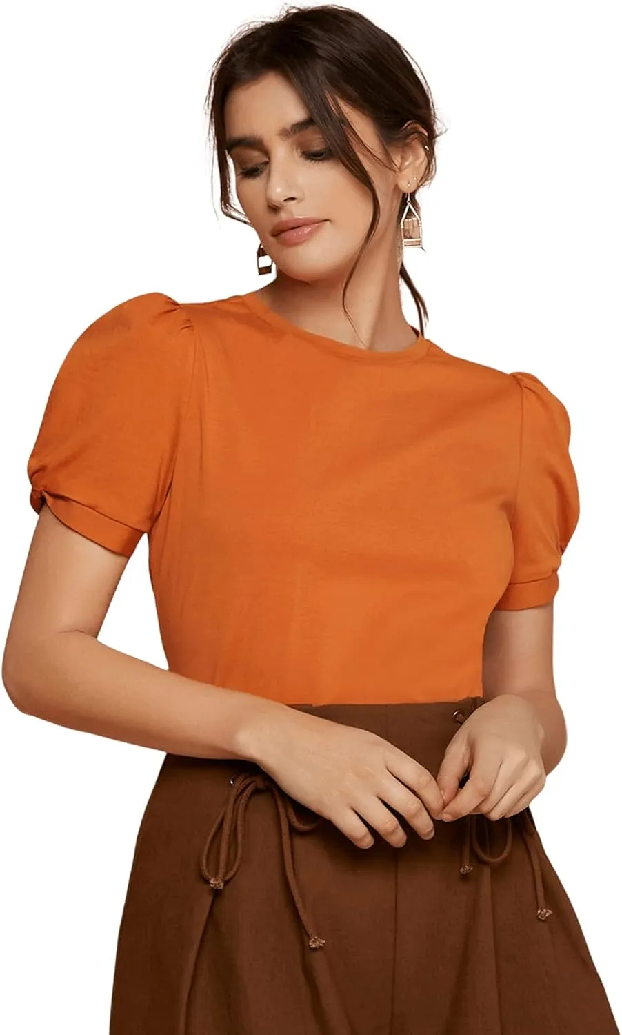 SweatyRocks Women's Summer Short Puff Sleeve Tee Top Round Neck T-Shirt