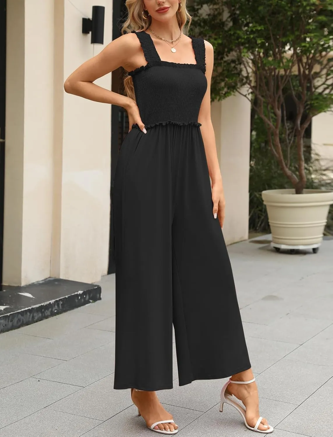 Tanou 2025 Summer Women's One Piece Casual Smocked Jumpsuits Shirred Ruffle Strap Wide Leg Romper with Pockets