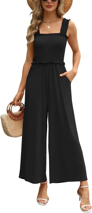 Tanou 2025 Summer Women's One Piece Casual Smocked Jumpsuits Shirred Ruffle Strap Wide Leg Romper with Pockets