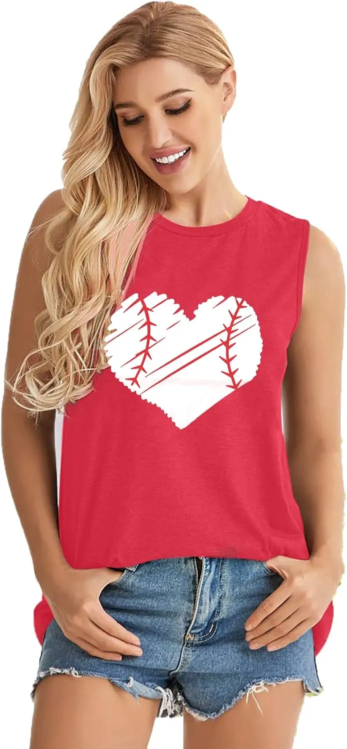 TAOHONG Baseball Tank Top Women Heart Print Baseball Tanks Cute Workout Graphic Casual Summer Sleeveless Shirt Vest Top