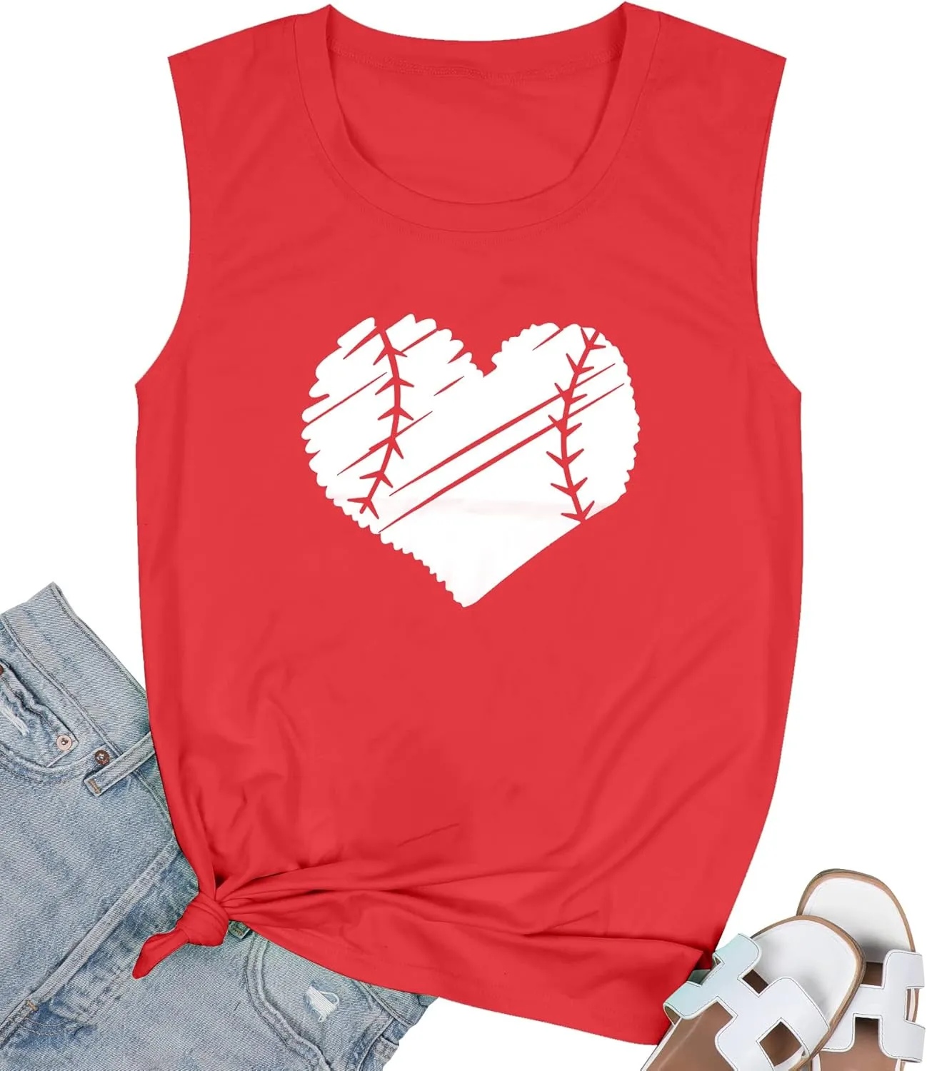 TAOHONG Baseball Tank Top Women Heart Print Baseball Tanks Cute Workout Graphic Casual Summer Sleeveless Shirt Vest Top