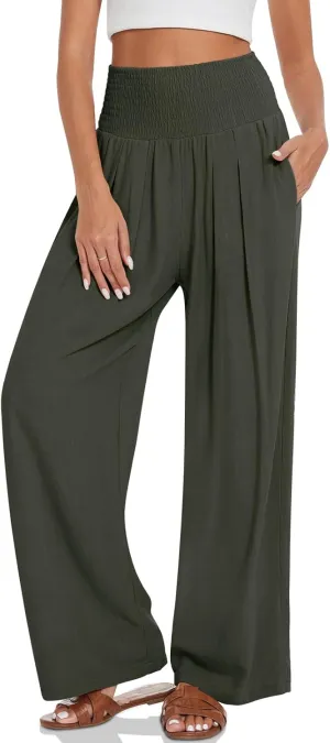 TARSE Womens Summer Linen Palazzo Pants Boho High Waisted Wide Leg Casual Long Lounge Pant Trousers with Pockets