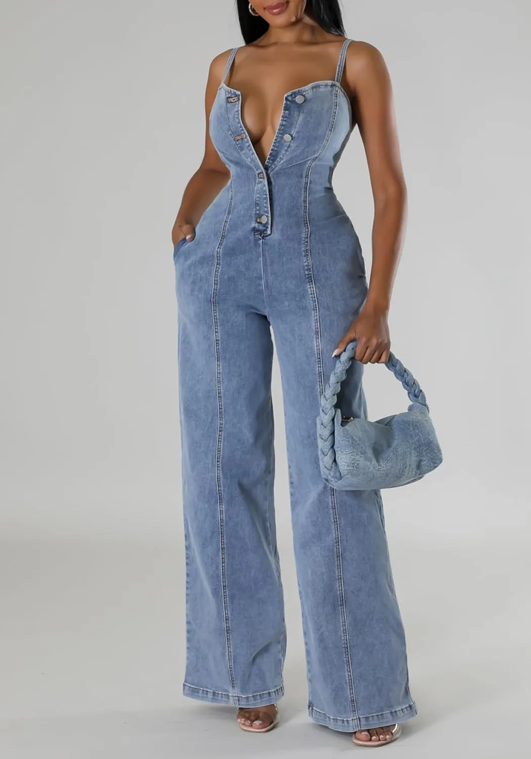 Tbahhir Women's Denim Overalls Adjustable Bib Jumpsuits Button Down Wide Leg Rompers with Pockets
