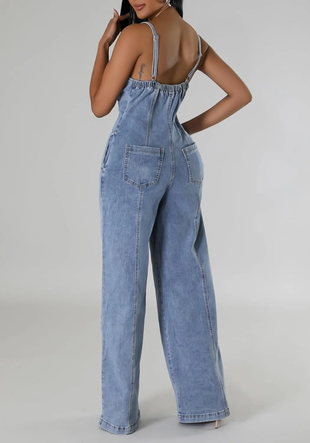 Tbahhir Women's Denim Overalls Adjustable Bib Jumpsuits Button Down Wide Leg Rompers with Pockets