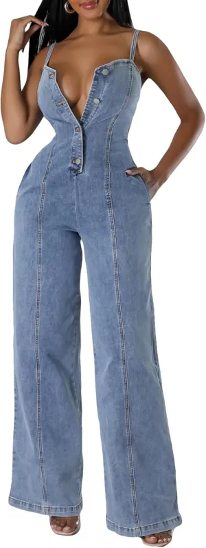 Tbahhir Women's Denim Overalls Adjustable Bib Jumpsuits Button Down Wide Leg Rompers with Pockets