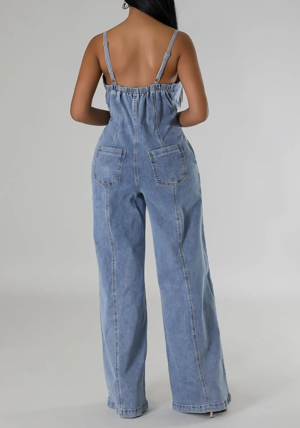 Tbahhir Women's Denim Overalls Adjustable Bib Jumpsuits Button Down Wide Leg Rompers with Pockets