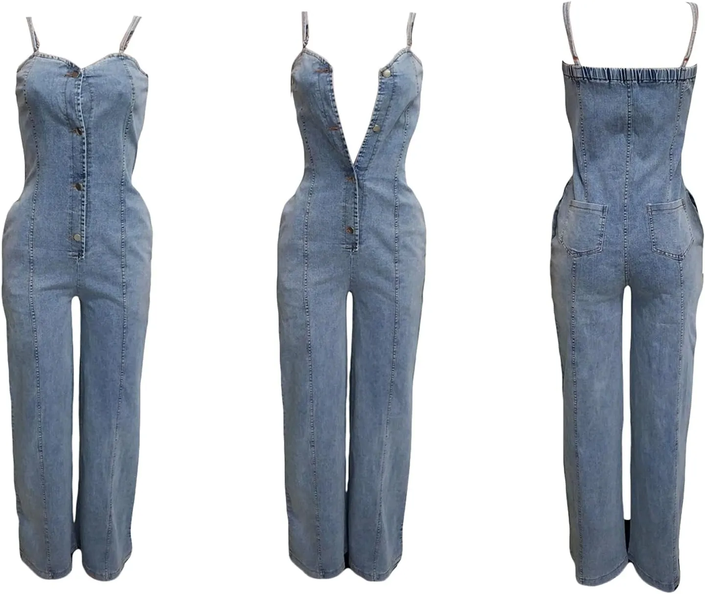 Tbahhir Women's Denim Overalls Adjustable Bib Jumpsuits Button Down Wide Leg Rompers with Pockets