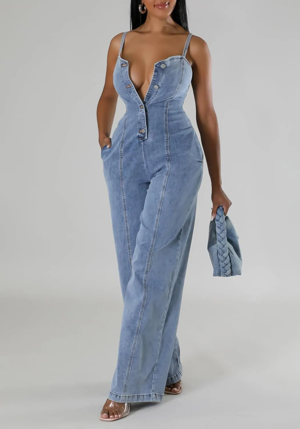 Tbahhir Women's Denim Overalls Adjustable Bib Jumpsuits Button Down Wide Leg Rompers with Pockets