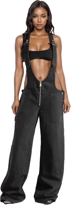 Tbahhir Women's Denim Overalls Jumpsuit Sleeveless Adjustable Strap Loose Baggy Wide Leg Cargo Jean Pants Rompers Trendy