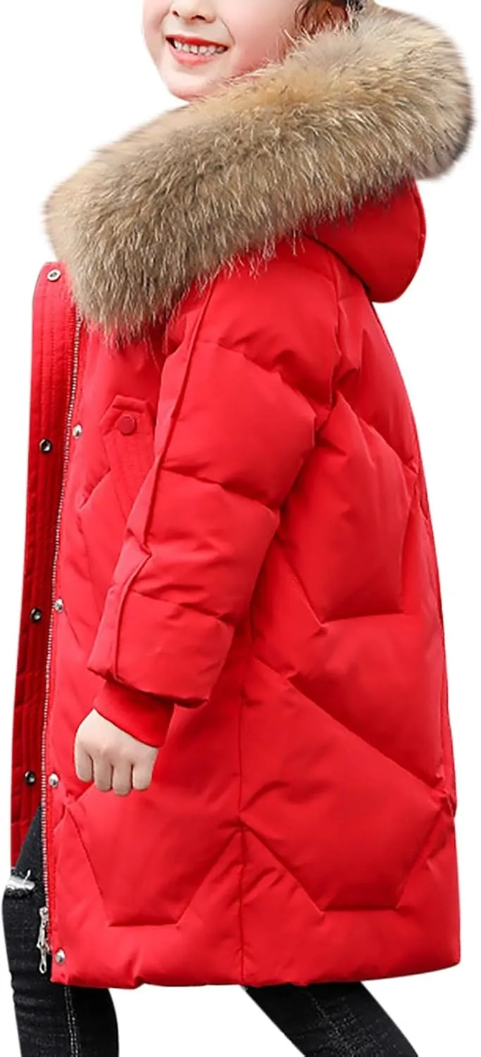 Teens Girls Long Heavyweight Puffer Jacket with Fur Hood Kids Fashion Thick Padded Down Jacket Winter Warm Outwear